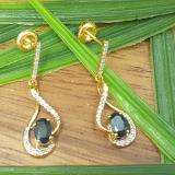 10K Yellow Gold 6X4 MM Oval Blue Sapphire & Round White Diamond Ladies Dangling Earrings