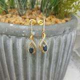 10K Yellow Gold 6X4 MM Oval Blue Sapphire & Round White Diamond Ladies Dangling Earrings