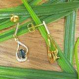 10K Yellow Gold 6X4 MM Oval Blue Sapphire & Round White Diamond Ladies Dangling Earrings