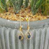 10K Yellow Gold 6X4 MM Oval Blue Sapphire & Round White Diamond Ladies Dangling Earrings