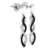 0.15 Carat (Ctw) Sterling Silver Round Black & White Diamond Ladies Infinity Swirl Dangling Earrings