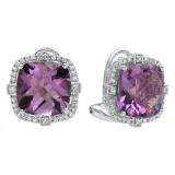 Sterling Silver 10 MM Each Cushion Amethyst & Diamond Ladies Stud Earrings