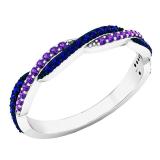18K White Gold Round Amethyst & Blue Sapphire Ladies Anniversary Wedding Swirl Stackable Band