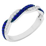 14K White Gold Round Blue Sapphire & White Diamond Ladies Wedding Swirl Stackable Band