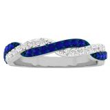 14K White Gold Round Blue Sapphire & White Diamond Ladies Wedding Swirl Stackable Band