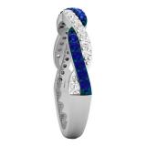 14K White Gold Round Blue Sapphire & White Diamond Ladies Wedding Swirl Stackable Band