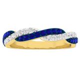 14K Yellow Gold Round Blue Sapphire & White Diamond Ladies Wedding Swirl Stackable Band