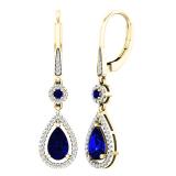 10K Yellow Gold 8X5 MM Each Round & Pear Blue Sapphire & Round Diamond Ladies Dangling Drop Earrings