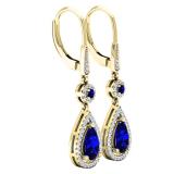 10K Yellow Gold 8X5 MM Each Round & Pear Blue Sapphire & Round Diamond Ladies Dangling Drop Earrings