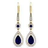 10K Yellow Gold 8X5 MM Each Round & Pear Blue Sapphire & Round Diamond Ladies Dangling Drop Earrings
