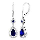 14K White Gold 8X5 MM Each Round & Pear Blue Sapphire & Round Diamond Ladies Dangling Drop Earrings