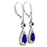14K White Gold 8X5 MM Each Round & Pear Blue Sapphire & Round Diamond Ladies Dangling Drop Earrings
