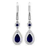14K White Gold 8X5 MM Each Round & Pear Blue Sapphire & Round Diamond Ladies Dangling Drop Earrings