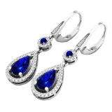 14K White Gold 8X5 MM Each Round & Pear Blue Sapphire & Round Diamond Ladies Dangling Drop Earrings