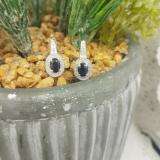 10K White Gold 6X4 MM Each Oval Blue Sapphire & Round Diamond Ladies Halo Style Hoop Earrings