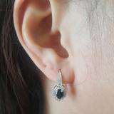 10K White Gold 6X4 MM Each Oval Blue Sapphire & Round Diamond Ladies Halo Style Hoop Earrings