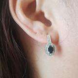 10K White Gold 6X4 MM Each Oval Blue Sapphire & Round Diamond Ladies Halo Style Hoop Earrings
