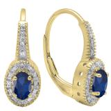 10K Yellow Gold 6X4 MM Each Oval Blue Sapphire & Round Diamond Ladies Halo Style Hoop Earrings