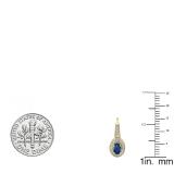 10K Yellow Gold 6X4 MM Each Oval Blue Sapphire & Round Diamond Ladies Halo Style Hoop Earrings