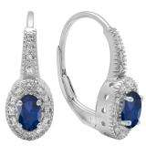 14K White Gold 6X4 MM Each Oval Blue Sapphire & Round Diamond Ladies Halo Style Hoop Earrings