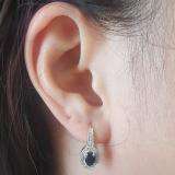 14K White Gold 6X4 MM Each Oval Blue Sapphire & Round Diamond Ladies Halo Style Hoop Earrings