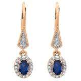 14K Rose Gold 6X4 MM Each Oval Blue Sapphire & Round Diamond Ladies Halo Dangling Drop Earrings