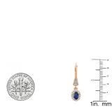 14K Rose Gold 6X4 MM Each Oval Blue Sapphire & Round Diamond Ladies Halo Dangling Drop Earrings