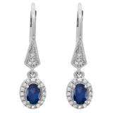 14K White Gold 6X4 MM Each Oval Blue Sapphire & Round Diamond Ladies Halo Dangling Drop Earrings