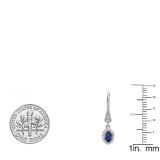 14K White Gold 6X4 MM Each Oval Blue Sapphire & Round Diamond Ladies Halo Dangling Drop Earrings