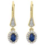 14K Yellow Gold 6X4 MM Each Oval Blue Sapphire & Round Diamond Ladies Halo Dangling Drop Earrings