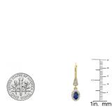 14K Yellow Gold 6X4 MM Each Oval Blue Sapphire & Round Diamond Ladies Halo Dangling Drop Earrings