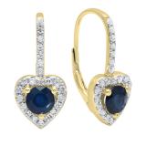 10K Yellow Gold Each 5 MM Round Blue Sapphire & White Diamond Ladies Heart Halo Style Drop Earrings