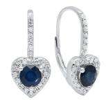 18K White Gold Each 5 MM Round Blue Sapphire & White Diamond Ladies Heart Halo Style Drop Earrings