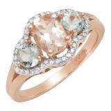 18K Rose Gold Oval Morganite Round Aquamarine & White Diamond Bridal 3 Stone Engagement Ring