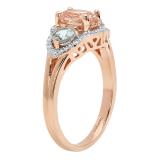 18K Rose Gold Oval Morganite Round Aquamarine & White Diamond Bridal 3 Stone Engagement Ring