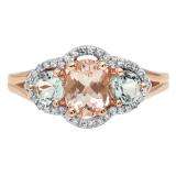 18K Rose Gold Oval Morganite Round Aquamarine & White Diamond Bridal 3 Stone Engagement Ring