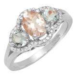 18K White Gold Oval Morganite Round Aquamarine & White Diamond Bridal 3 Stone Engagement Ring