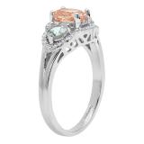 18K White Gold Oval Morganite Round Aquamarine & White Diamond Bridal 3 Stone Engagement Ring