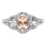 18K White Gold Oval Morganite Round Aquamarine & White Diamond Bridal 3 Stone Engagement Ring