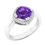 10K White Gold 7 MM Cushion Amethyst & Round White Diamond Ladies Bridal Halo Engagement Ring