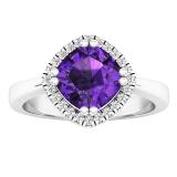 10K White Gold 7 MM Cushion Amethyst & Round White Diamond Ladies Bridal Halo Engagement Ring