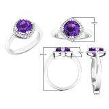 10K White Gold 7 MM Cushion Amethyst & Round White Diamond Ladies Bridal Halo Engagement Ring
