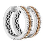 1.05 Carat (ctw) 10K White Gold Round Champagne & White Diamond Ladies Huggies Hoop Earrings 1 CT