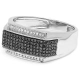 0.42 Carat (ctw) Platinum Plated Sterling Silver Round Black & White Diamond Men's Hip Hop Ring
