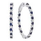 10K White Gold Round Blue Sapphire & White Diamond Ladies Hoop Earrings