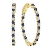10K Yellow Gold Round Blue Sapphire & White Diamond Ladies Hoop Earrings