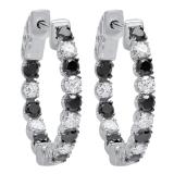 1.30 Carat (Ctw) 10K White Gold Round Black & White Diamond Ladies Hoop Earrings