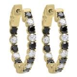 1.30 Carat (Ctw) 10K Yellow Gold Round Black & White Diamond Ladies Hoop Earrings