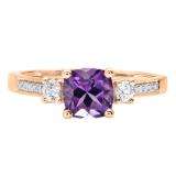 10K Rose Gold 6 MM Cushion Amethyst And Round White Sapphire & Diamond Ladies Engagement Ring
