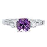 10K White Gold 6 MM Cushion Amethyst And Round White Sapphire & Diamond Ladies Engagement Ring